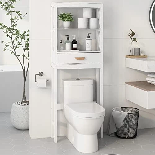 OQSC Bathroom Shelf Over The Toilet X- Frame Bathroom Organizer With 1 Drawer And Open Shelves Bathroom Space Saver(White) - Image 8