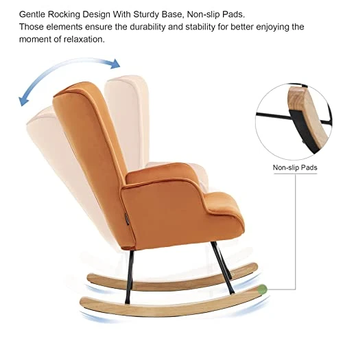 Artechworks Modern Velvet Rocking Chair, Glider Chair With Ottoman Cushion, Nursery Mid Century Upholstered Tufted Chair Rocking Armchair Rocker Accent Chair For Livingroom, Balcony, Caramel - Image 4