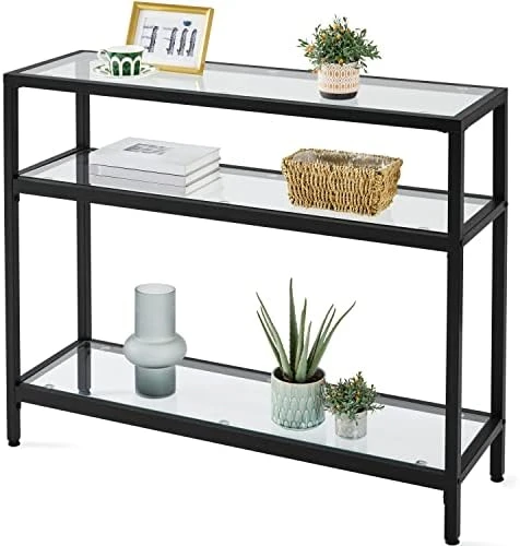 Yaheetech 39.5" Console Table With 3 Shelves,Tempered Glass Sofa Table, Modern Entryway Table With Metal Frame For Hallway Living Room Bedroom, Easy Assembly, Black - Image 5
