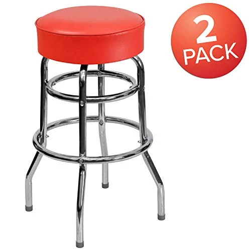 Flash Furniture Bruno 2 Pack Double Ring Chrome Barstool With Red Seat - Image 3
