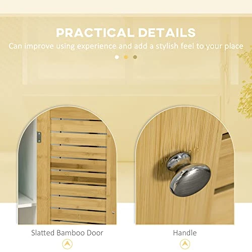 Kleankin Tall Bathroom Storage Cabinet, Free Standing Bathroom Cabinet Slim Side Organizer With 3 Shelves And Bamboo Cabinet, White/Natural - Image 4