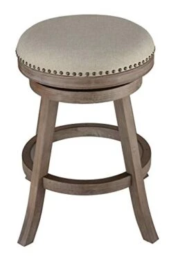 Cortesi Home Sadie Backless Swivel Counter Stool In Solid Wood & Beige, 25", Beige Fabric
