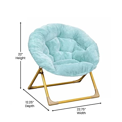 Flash Furniture Gwen Oversize Folding Saucer Chair - Dusty Aqua Faux Fur Moon Chair - Soft Gold Metal Frame - 23" Portable Folding Chair - For Dorm And Bedroom - Image 3