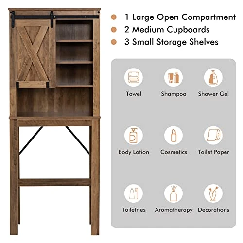 Giantex Over The Toilet Storage Cabinet - Freestanding Toilet Rack With Sliding Barn Door, 3-Level Adjustable Shelves, Anti-Toppling Devices, Non-Slip Foot Pads, Bathroom Toilet Shelf, Rustic Brown - Image 5