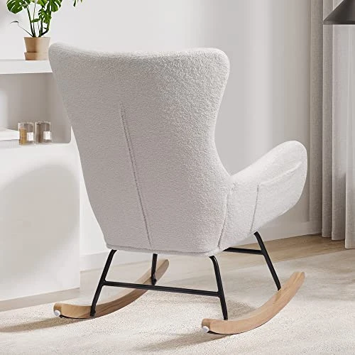 TOLEAD Nursery Rocking Chair, Modern Glider Rocker Chair For Baby Nursery, Upholstered Accent Chair With Side Pocket & High Backrest, Teddy Fabric Sherpa Armchair For Bedroom Living Room, Beige - Image 3