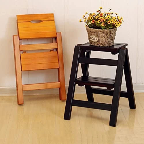 Wooden Folding Step Ladder 2 Steps Stool Portable Ladder Chair Non-Slip Compact Milti-fuction Safety Household Small Foot Stools Stairs Chair (Color : A) - Image 3