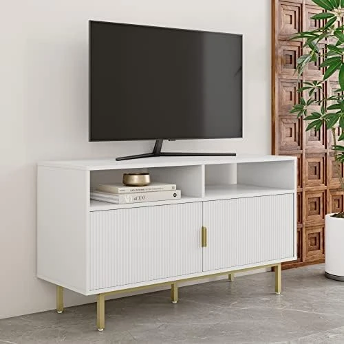 Nathan James Izsak Media Console, Brown/White/Gold & Enloe Modern Storage, Free Standing Accent Cabinet With Doors In A Rustic Fir Wood Finish Powder-Coated Metal Base, White/Gold - Image 8