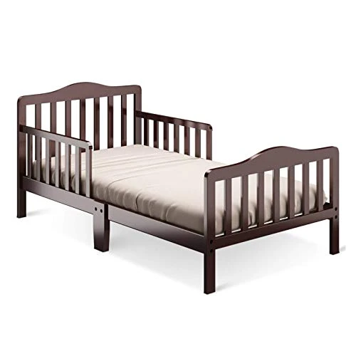 HONEY JOY Toddler Bed Frame, Solid Rubber Wood Frame W/Safety Guardrail, Fits Crib Full Size Mattress (Not Included), Children Classic Sleeping Bedroom Furniture For Kids Boys Girls(Brown) - Image 4
