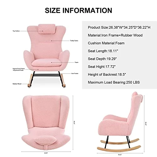 Honeyness Nursery Rocking Chair, Modern Glider Rocker With High Backrest Armchair, Comfy Teddy Upholstered Rocking Accent Chair For Living Room Bedroom Office (Pink) - Image 2