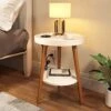 GREENSTELL End Table With Charging Station, Round Side Table With Storage Shelf, USB Ports And Anti-Drop Fence, 2-Tier Small Nightstand Sofa Table For Living Room, Bedroom White 15.0*15.0*20.4inches