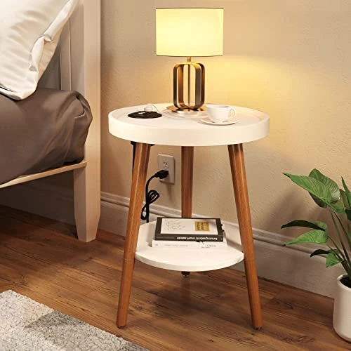 GREENSTELL End Table With Charging Station, Round Side Table With Storage Shelf, USB Ports And Anti-Drop Fence, 2-Tier Small Nightstand Sofa Table For Living Room, Bedroom White 15.0*15.0*20.4inches