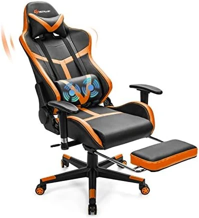 Goplus Gaming Chair, Massage Office Chair Computer Gaming Racing Chair, High Back PU Leather Adjustable Ergonomic Reclining PC Game Chair, Rolling Swivel Executive Chair With Footrest (Orange) - Image 9