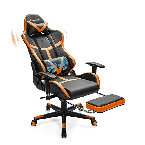 Goplus Gaming Chair, Massage Office Chair Computer Gaming Racing Chair, High Back PU Leather Adjustable Ergonomic Reclining PC Game Chair, Rolling Swivel Executive Chair With Footrest (Orange)