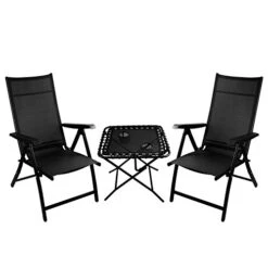 TechCare 2 Heavy Duty Durable Adjustable Reclining Folding Chairs + 1 Folding Side Table Outdoor Indoor Garden Pool Black