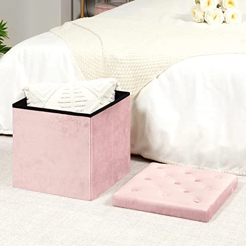 B FSOBEIIALEO Storage Ottoman Cube, Velvet Tufted Folding Ottomans With Lid, Footstool Rest Padded Seat For Bedroom (Pink, Medium) - Image 2
