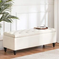 HUIMO Button-Tufted Ottoman With Storage In Upholstered Fabrics, Large Storage Bench For Bedroom, Living Room, Entryway, Storage Ottoman Bench With Safety Hinge Hold Up To 300lbs (Ivory)