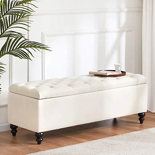 HUIMO Button-Tufted Ottoman With Storage In Upholstered Fabrics, Large Storage Bench For Bedroom, Living Room, Entryway, Storage Ottoman Bench With Safety Hinge Hold Up To 300lbs (Ivory) - Image 12