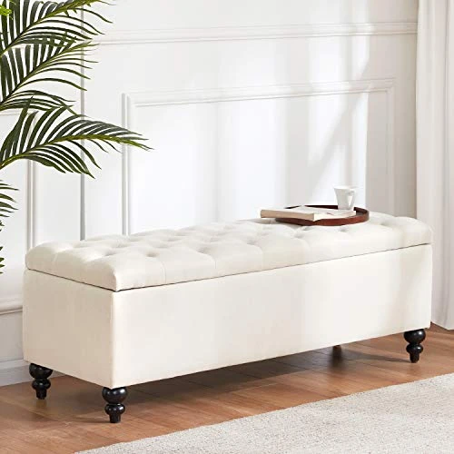 HUIMO Button-Tufted Ottoman With Storage In Upholstered Fabrics, Large Storage Bench For Bedroom, Living Room, Entryway, Storage Ottoman Bench With Safety Hinge Hold Up To 300lbs (Ivory)