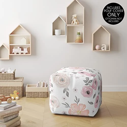 Sweet Jojo Designs Blush Pink Grey Boho Floral Girl Ottoman Pouf Cover Unstuffed Poof Floor Footstool Square Cube Pouffe Storage Baby Nursery Kids Room Bohemian Farmhouse Shabby Chic Watercolor White - Image 2