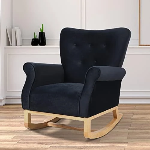 WIILAYOK Nursery Rocking Chair, Velvet Glider Rocker With Solid Wood Base And High Backrest For Baby Nursery, Comfy Rocking Recliner Armchair For Breastfeeding And Rocking Baby To Sleep (Beige) - Image 8