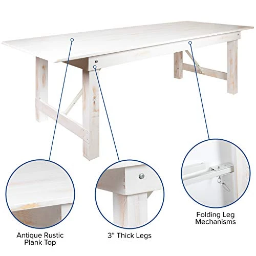 Flash Furniture HERCULES Series 8' X 40" Rectangular Antique Rustic White Solid Pine Folding Farm Table - Image 4