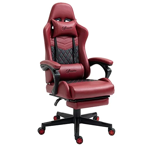 Vinsetto Racing Gaming Chair Diamond PU Leather Office Gamer Chair High Back Swivel Recliner With Footrest, Lumbar Support, Adjustable Height, Red