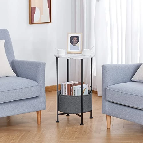 LEMONDA 26" High Marble White Round End Table With Storage,Small 2 Tiers Round Side Table With Basket For Living Room Bedroom,Round Sofa Table Nightstand Bedside Table For Small Spaces - Image 5