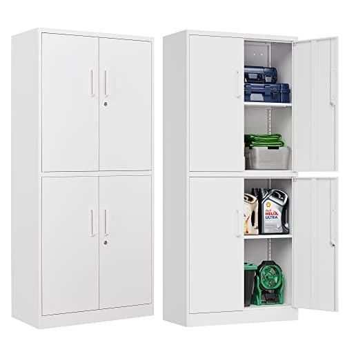 Letaya Metal Storage Cabinet, 2 Adjustable Shelves Lockable Door, Steel Locker For Office, Home,Pantry,Garage Utility Cabinet (White)…