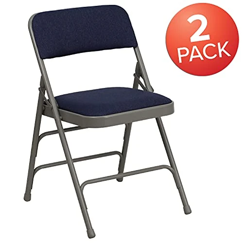 EMMA + OLIVER 2 Pack Curved Triple Braced Navy Fabric Metal Folding Chair - Image 2