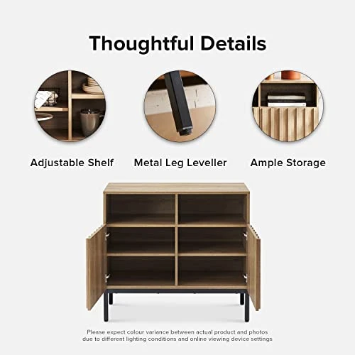 Mopio Norwin Storage Cabinet, Modern Industrial Farmhouse Entryway Accent Buffet Cabinet, Sideboard, With Metal Legs, Storage Shelves, Fluted Panel Doors, & Leveler, For Living Room, Bedroom, Oak - Image 5