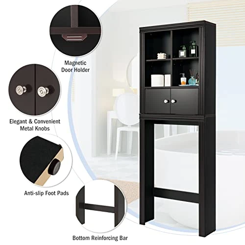 LOKO Over The Toilet Storage Cabinet, 2-Door Tall Bathroom Organizer W/ 4 Open Compartments & Adjustable Shelves, Modern Simple Toilet Space Saver, Ideal For Bathroom Laundry Balcony (Espresso) - Image 4