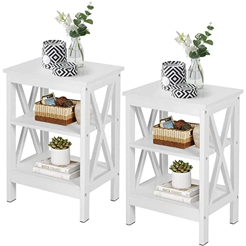 VECELO End Side Table With Storage Shelf Living Room,Bedroom Furniture, White(Set Of 2), Nightstand With Shelves