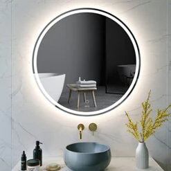 KWW 32 Inch Large Modern LED Round Bathroom Vanity Mirror, Color Temperature Adjustable, Anti-Fog Dimmable Lights, Easy To Install, Wall Mounted Makeup Mirror With Smart Touch Button