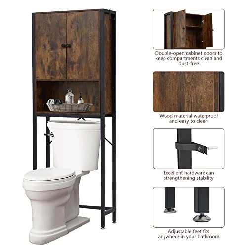 Elesuli Over The Toilet Storage Cabinet Space-Saving Bathroom Oragnizer Shelf Toilet Storage Rack Double Door Bathroom Storage Organizer Toilet Rack With Adjustable Feet - Image 3