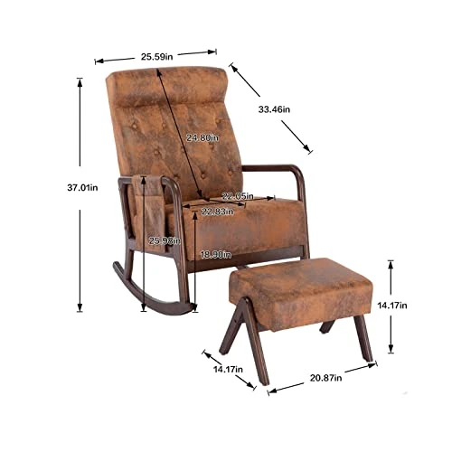Voqoomkl Rocking Chair With Ottoman, Mid-Century Fabric Upholstered Armchair With Thick Padded Cushion & High Backrest, Accent Glider Rocker Chair With Side Pocket For Living Room Bedroom, Coffee - Image 2