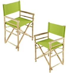 Zew Indoor Green Canvas Folding Director Chair Bamboo Portable Camping Outdoor Set Of 2, 35" H X 18" W X 23" D