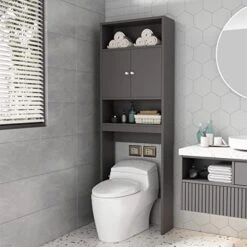 RUNOLIG Bathroom Cabinet Over Toilet, Above Toilet Storage Cabinet Shelves With Double Doors, Over Toilet Bathroom Organizer With 2 Open Storage Shelves, Freestanding Tall Bathroom Space Saver (Grey)
