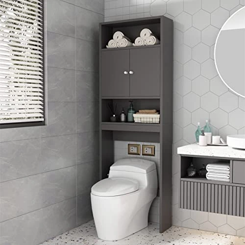 RUNOLIG Bathroom Cabinet Over Toilet, Above Toilet Storage Cabinet Shelves With Double Doors, Over Toilet Bathroom Organizer With 2 Open Storage Shelves, Freestanding Tall Bathroom Space Saver (Grey)