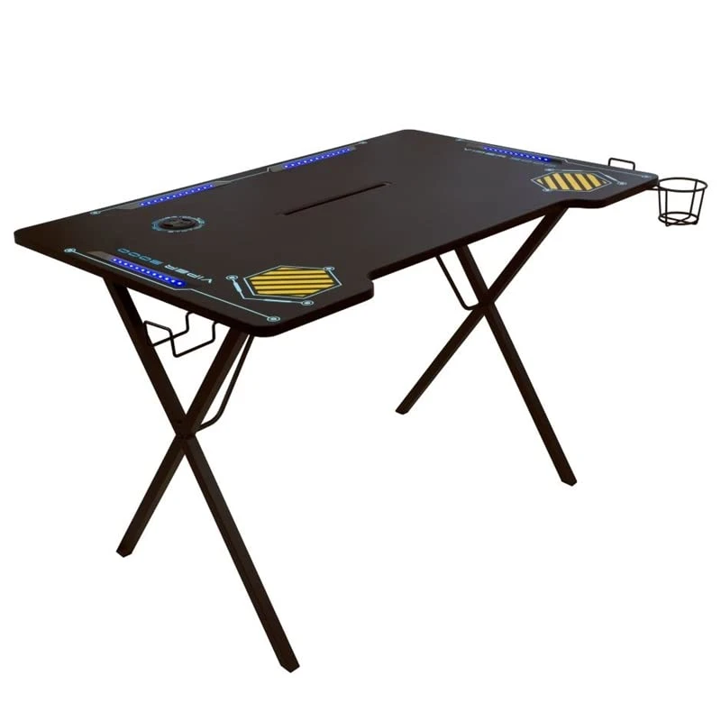 Atlantic Viper 3000 Gaming Desk β Single Laminated Surface, Heavy-Duty Steel X-Legs, Integrated LED, 3 USB 3.0 Ports, Smart Device Slot, Surge Protector Tray, Headset Hooks, PN 33906164 - Black