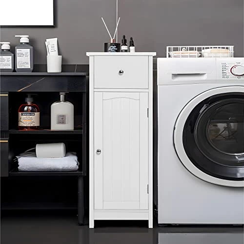 Iwell Small Bathroom Floor Storage Cabinet, Kitchen Cupboard Wooden Cabinet, White - Image 5