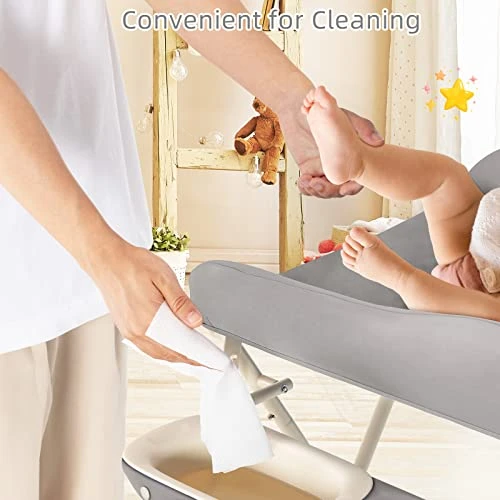 INFANS Portable Baby Changing Table, Folding Diaper Dresser Station With Wheels, Adjustable Height, Safety Belt, Drying And Storage Rack, Mobile Nursery Organizer Stand For Newborn Infant (Gray) - Image 4