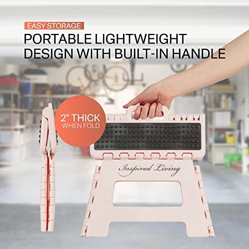 Inspired Living 9" Step Stool, Folding Step Stools For Adults, Plastic Foldable Step Stools Kids, Holds Up To 330 Lbs, Collapsible Folding Stool For Kitchen, Bathroom, Bedroom - Blush Pink - Image 4