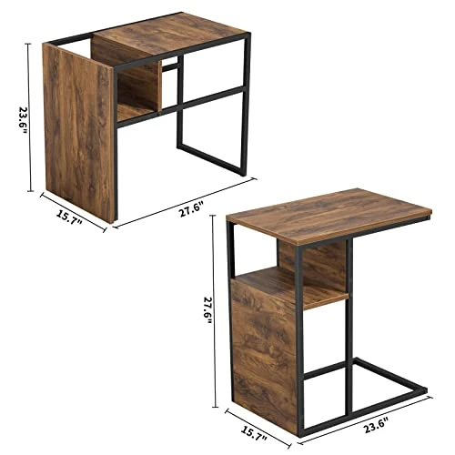 Cubiker End Table, C Shaped Reversible Side Table With Wooden Shelf, Snack Side Table For Living Room, End Table For Sofa Couch And Bed, Metal Frame Nightstand Deep Brown - Image 3