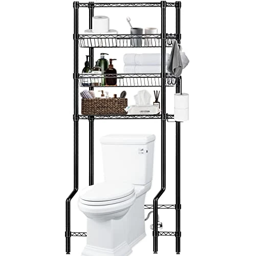 Folews Bathroom Organizer Over The Toilet Storage, 4-Tier Bathroom Shelves Over Toilet Shelf Above Toilet Storage Rack Freestanding Bathroom Space Saver With Adjustable Shelves And Baskets, Black