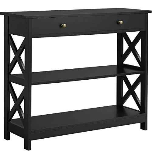 Yaheetech Console Sofa Table Entryway Table, Classic X Design With Drawer And 3 Tier Storage Shelves, Narrow Long Hall Table Bookshelf Display Rack For Living Room Furniture