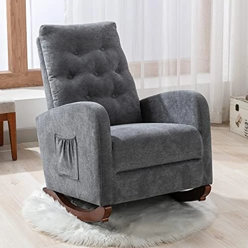 Merax Beige Modern Tufted Accent Rocking Chair, Upholstered Nursery Glider Rocker With High Backrest For Baby And Kids, Set Of 1 - Image 11