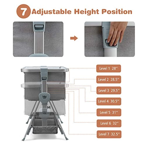 BABY JOY Bedside Bassinet, Portable Baby Crib W/Mattress, Two-Side Breathable Mesh, 7 Height Adjustable, Large Storage, Wheels For Easy Movement, Crib For Newborn Infant, Bassinet For Baby, Grey - Image 5