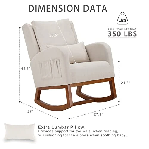 Iroomy Modern Accent Upholstered Rocking Glider Rocker High Back Arm Chair W/2 Side Pockets, Indoor For Living Room/Bedroom/Nursery-Beige - Image 2