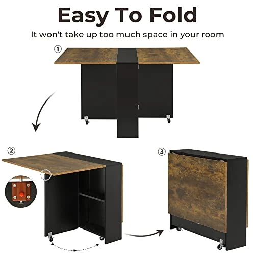 Tiptiper Folding Dining Table With 6 Wheels, Drop Leaf Tables For Small Spaces, Foldable Dining Table With 2-Layer Storage Rack, Folding Kitchen Table, Rustic Brown And Black - Image 5
