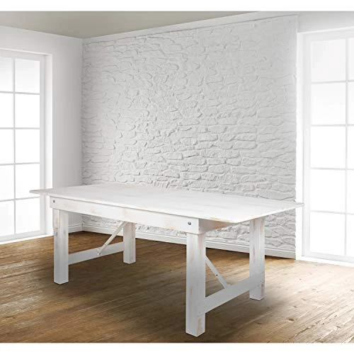 Flash Furniture HERCULES Series 7' X 40" Rectangular Antique Rustic White Solid Pine Folding Farm Table